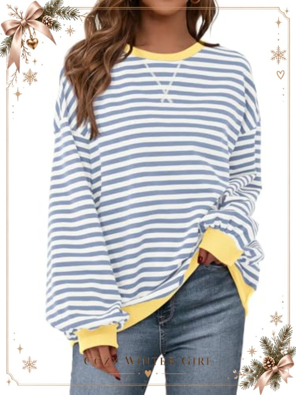 Oversized Striped Sweatshirt Color Block Crew Neck Loose Pullover